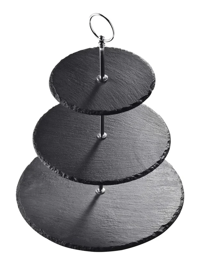 1Chase 1CHASE Natural Black Stone 3-Tier Round Slate Cake Stand with Chrome Carry Loop